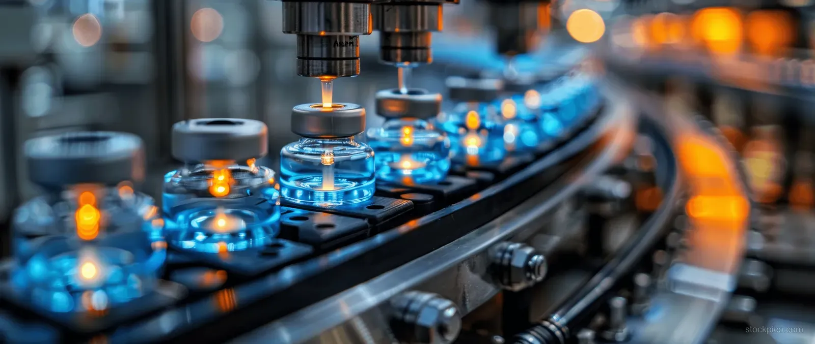 Robotic nozzles dispense liquid into transparent medical vials along an automated filling line.