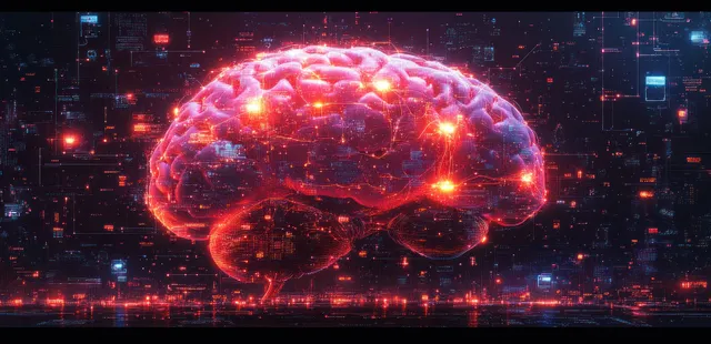 A glowing brain surrounded by neural network lines and wireless signal sparks over a digital circuitry background.