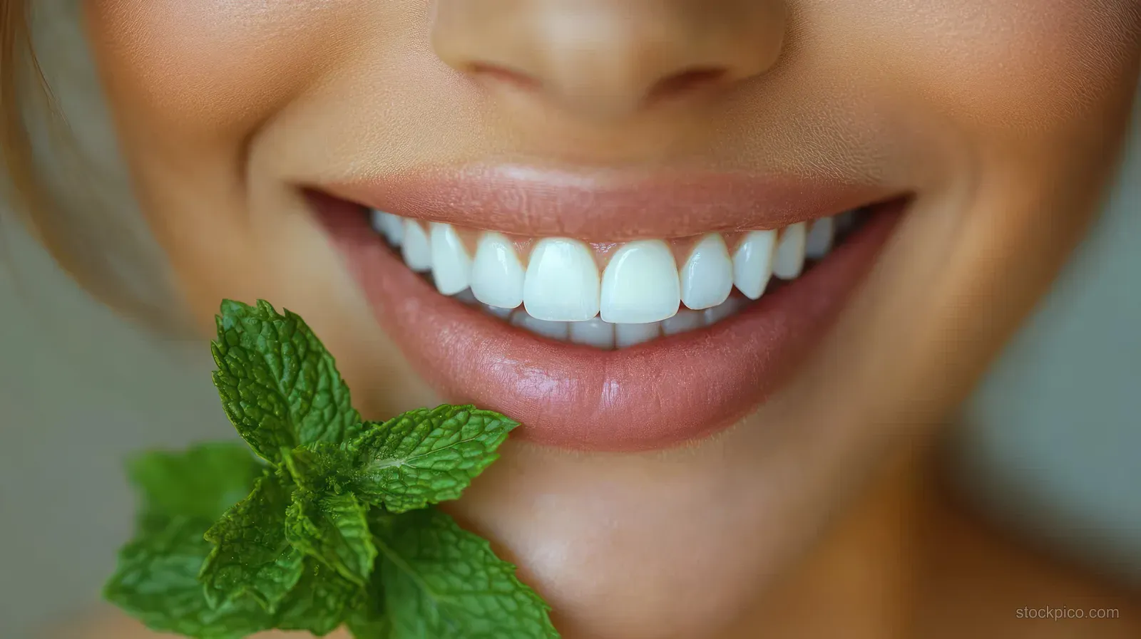 Smiling person shows white teeth while holding fresh green mint leaves near their lips.