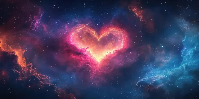 A glowing heart-shaped nebula floats in deep space with colorful gas clouds and scattered stars.