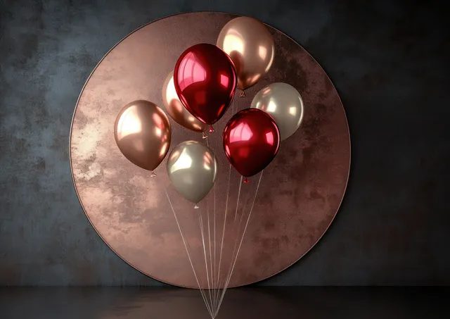 Metallic red and gold balloons gathered in front of a textured bronze circular backdrop on a dark surface.