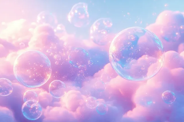 Iridescent bubbles floating over pastel clouds with soft rainbow glow in dreamy sky