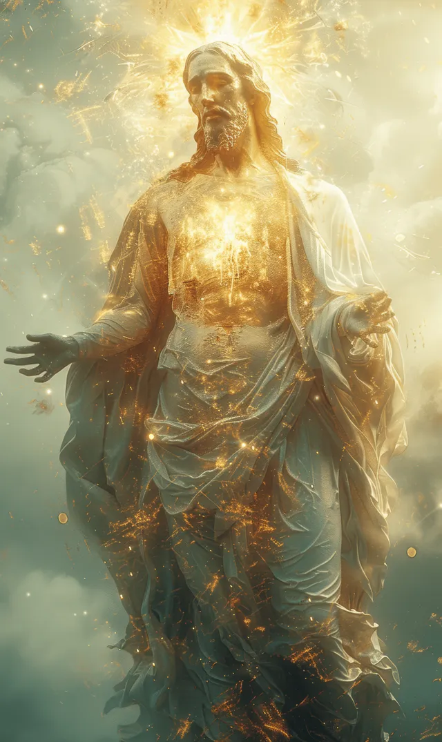Jesus Christ holding open arms, glowing Sacred Heart, divine light rays, soft mist