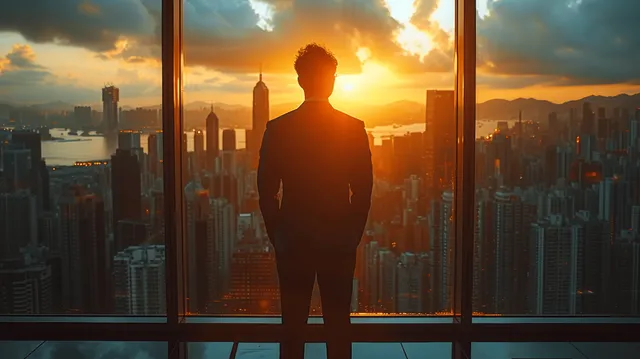 Silhouette of a young businessman standing by an office window and looking out over skyscrapers at sunset.