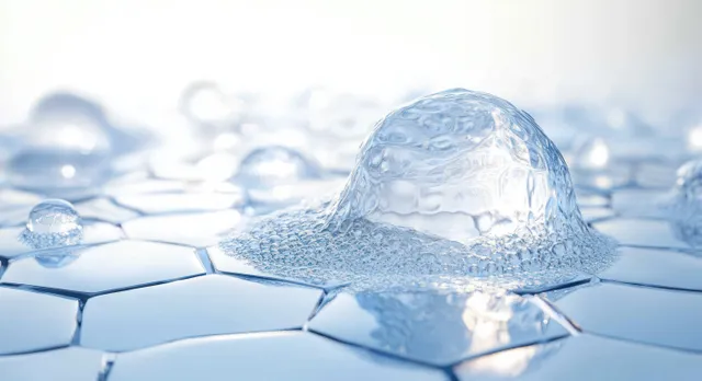 Crystal clear water droplets sit on a hexagonal faceted surface with bright reflections in a cool blue macro scene.