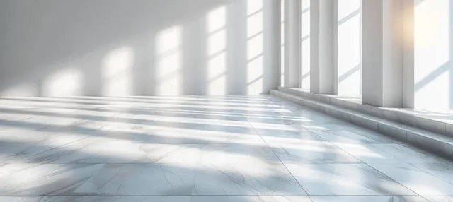 Sunlit white room with window shadows across smooth floor, minimalist light-and-shadow background