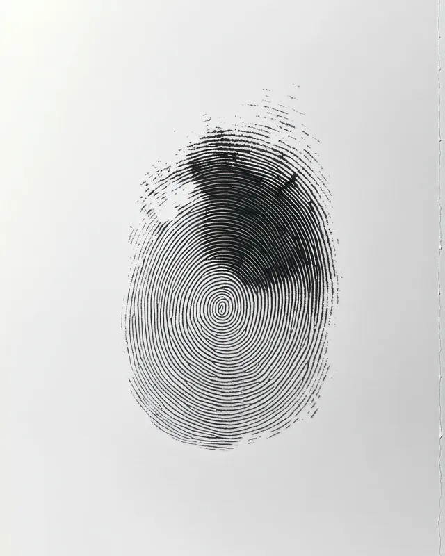 A single black fingerprint imprint on a white surface shows detailed ridge lines and whorl patterns.