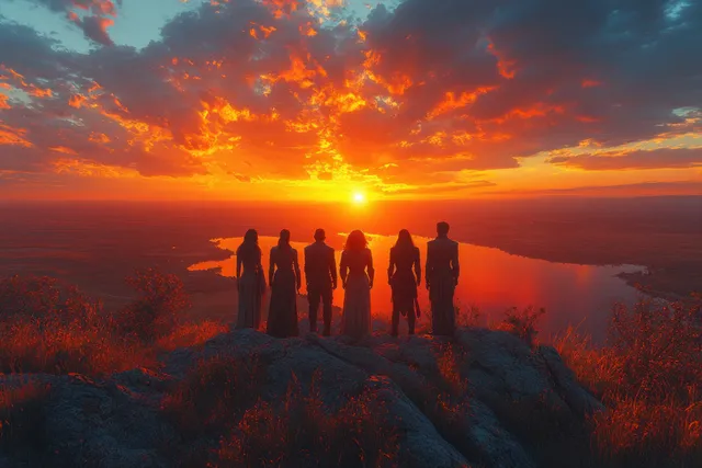Diverse business team in suits standing on a rocky ridge at sunrise