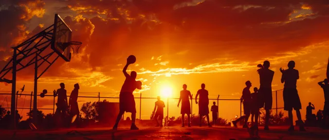 Silhouetted athletes compete in a 3x3 basketball showdown against a vivid orange sunset sky in Latvia.
