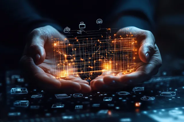 Two hands hold a glowing digital supply chain network with logistics icons over a futuristic grid.