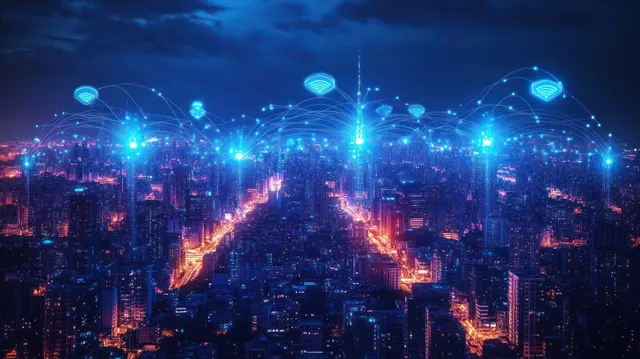 未来建筑群的夜景天际线，发光的蓝色无线网络节点和数字信号线横跨天空连接其间。