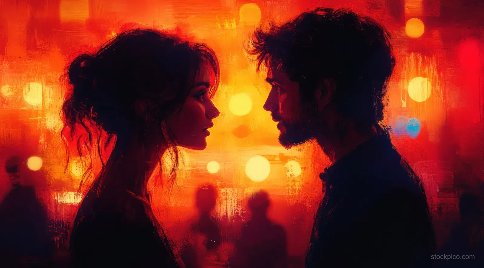 Two silhouetted professionals speak at a corporate event with warm golden bokeh lights behind them.