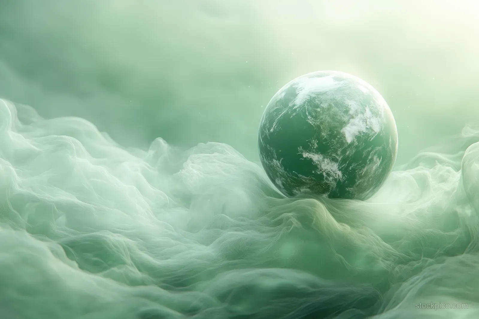 Glowing Earth globe floats above soft wave textures with faint world map outlines in light blue tones.