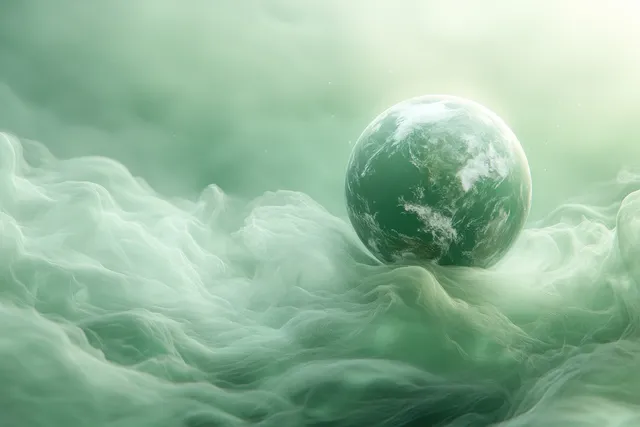 Glowing Earth globe floats above soft wave textures with faint world map outlines in light blue tones.