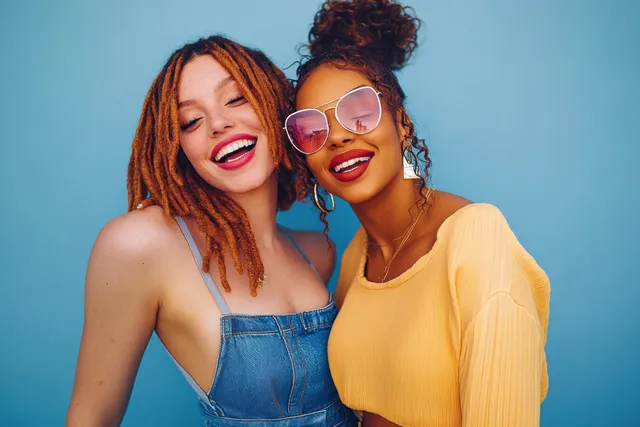 Two friends stand together and laugh in a studio with a smooth pastel blue background.