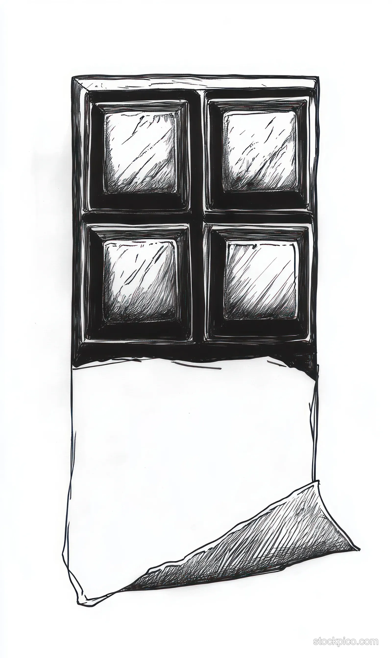 Black and white sketch of a segmented chocolate bar with part of a foil wrapper peeled back, revealing square chocolate pieces.