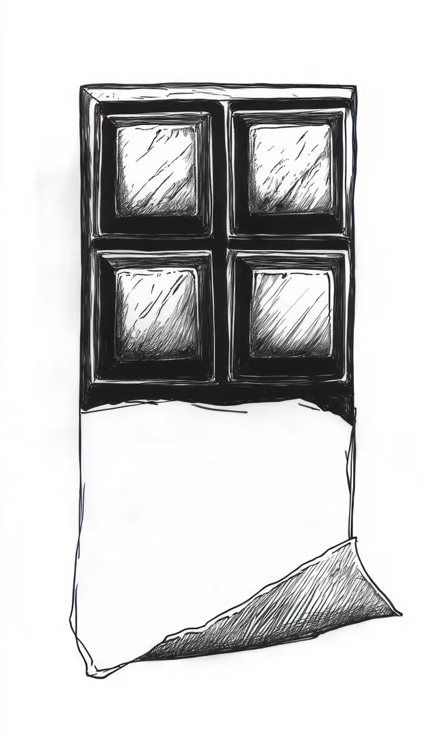 Black and white sketch of a segmented chocolate bar with part of a foil wrapper peeled back, revealing square chocolate pieces.