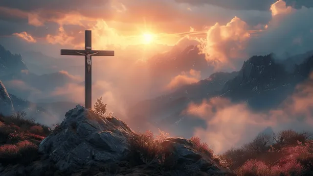 Holy Cross on Golgotha hill at sunrise with misty mountains and glowing clouds