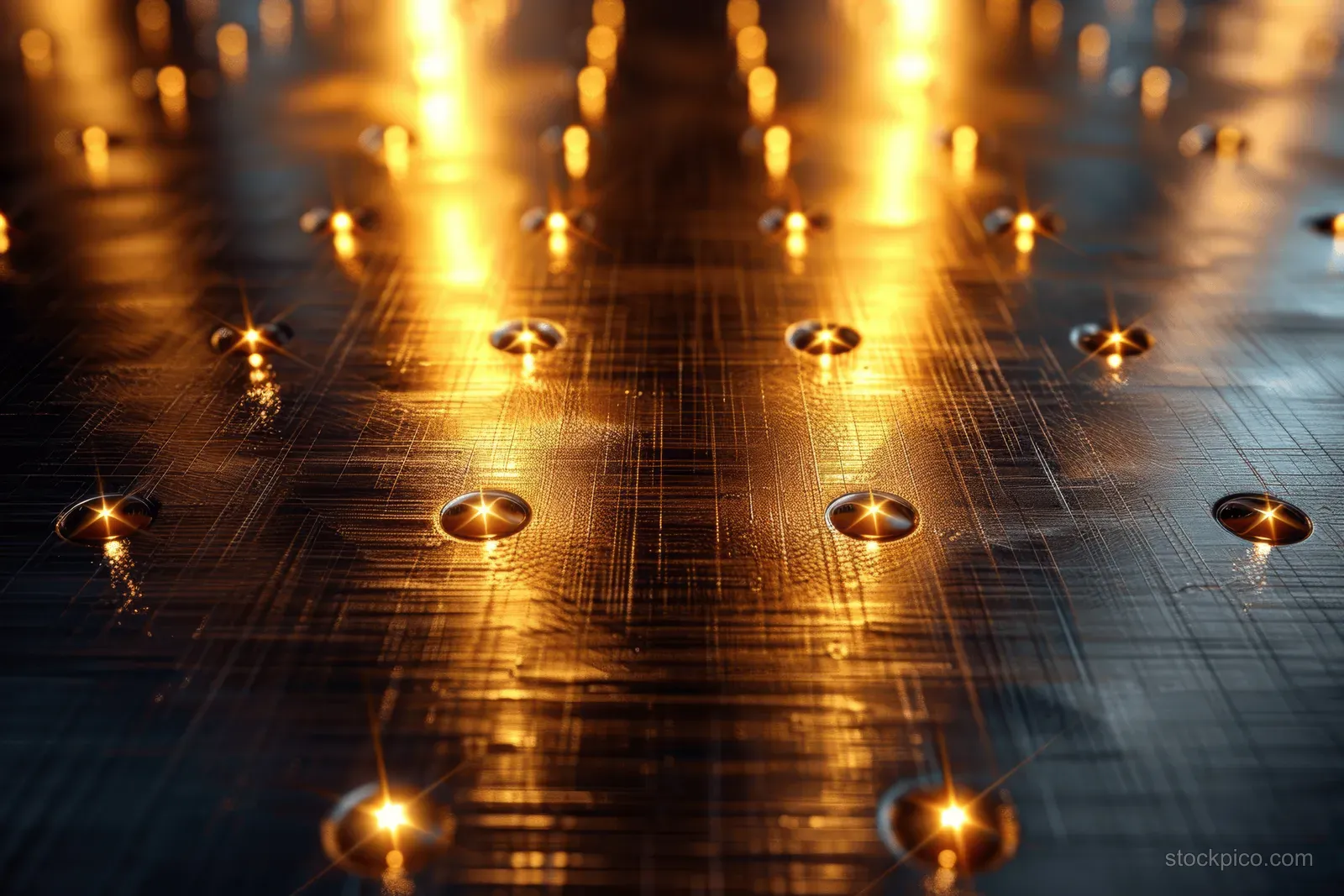 Golden glowing spheres reflect on a metallic grid floor corridor fading into darkness.