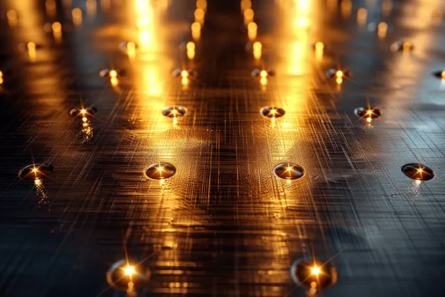 Golden light reflections over a metallic grid corridor with glowing spheres