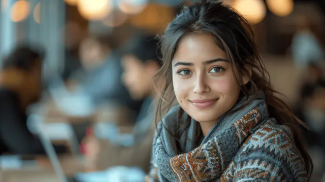 Smiling young woman studies on a laptop in a university cafe, creating a positive learning atmosphere.