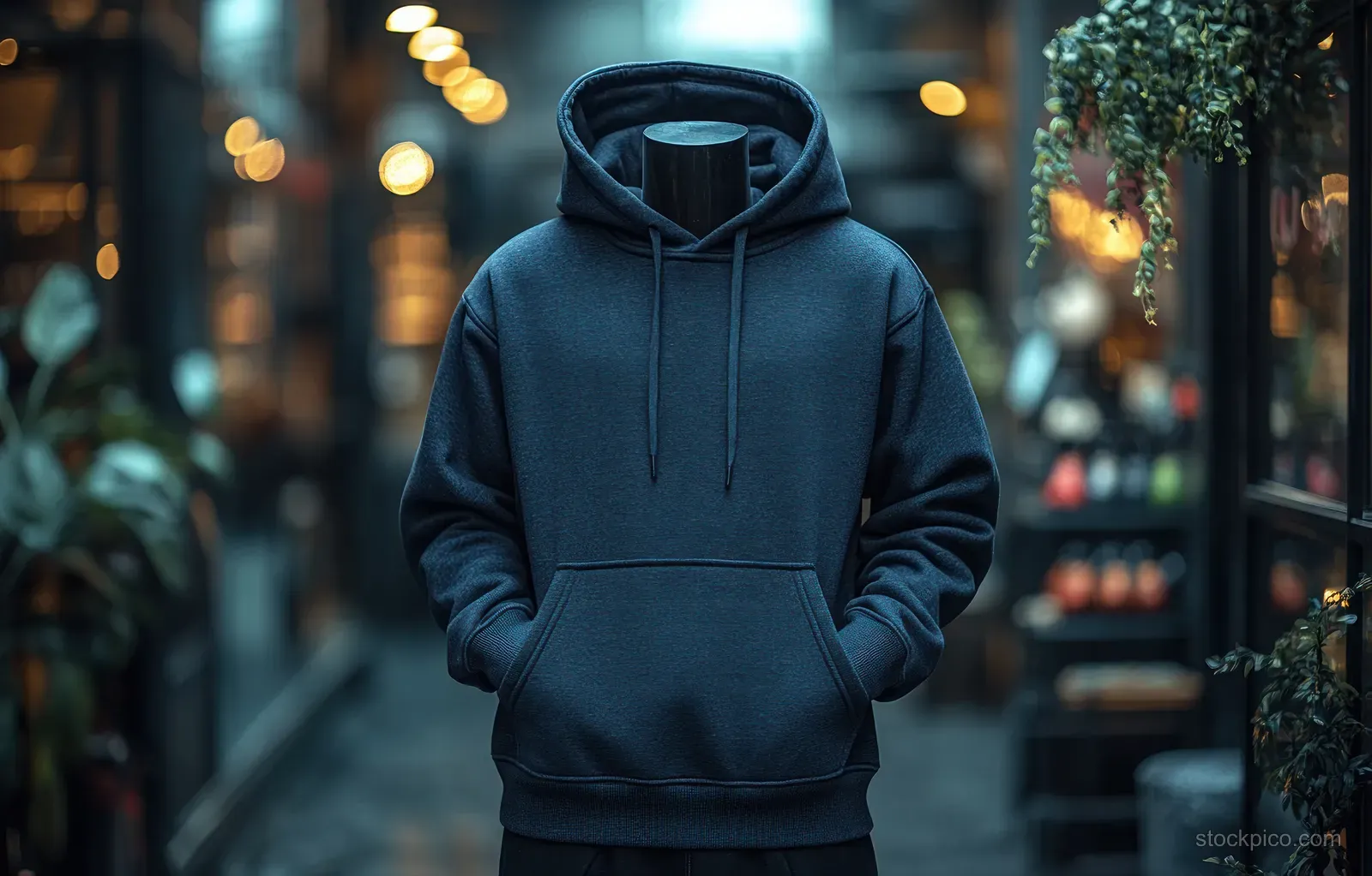 Black full-zip hoodie on a mannequin with a blurred city street and warm bokeh lights behind.