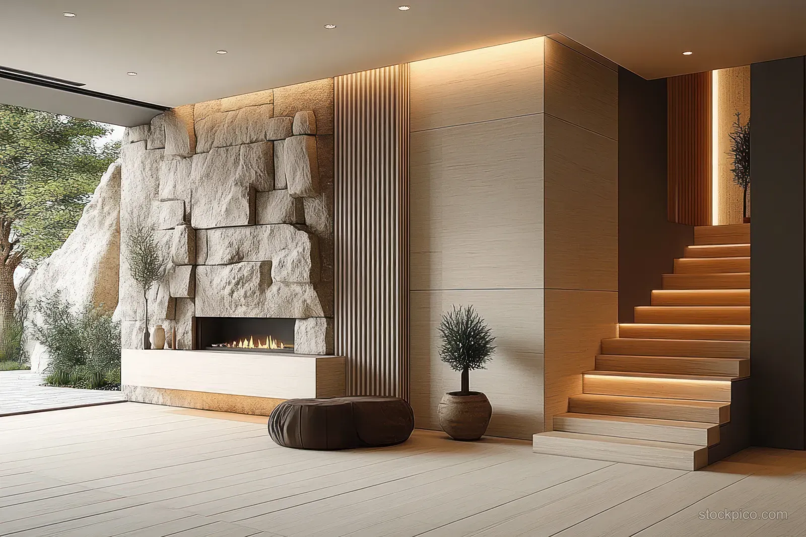 Minimal modern entrance hallway showing a stone fireplace wall, wooden paneling, and a lit staircase.