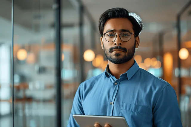 Indian businessman walking in a modern office hallway holding a tablet and looking away with a confident posture.