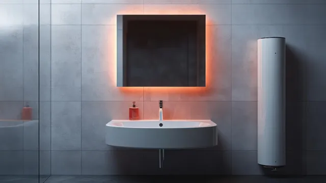 Minimalist bathroom with a wall-mounted sink, cylindrical water heater, and warm light glowing on gray tiled walls.