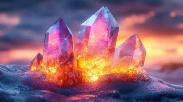 Glowing 3D crystal diamond cluster rises from misty rock under a sunset sky.