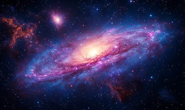 Colorful spiral galaxy with glowing pink, purple, blue, and orange arms amid scattered stars
