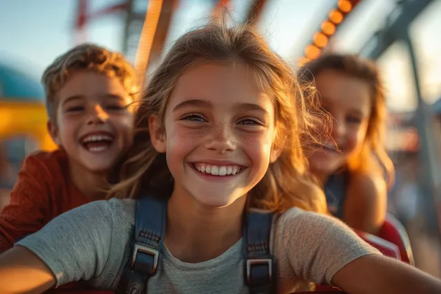 Smiling girl and friends ride a carousel at an outdoor amusement park in warm sunlight.