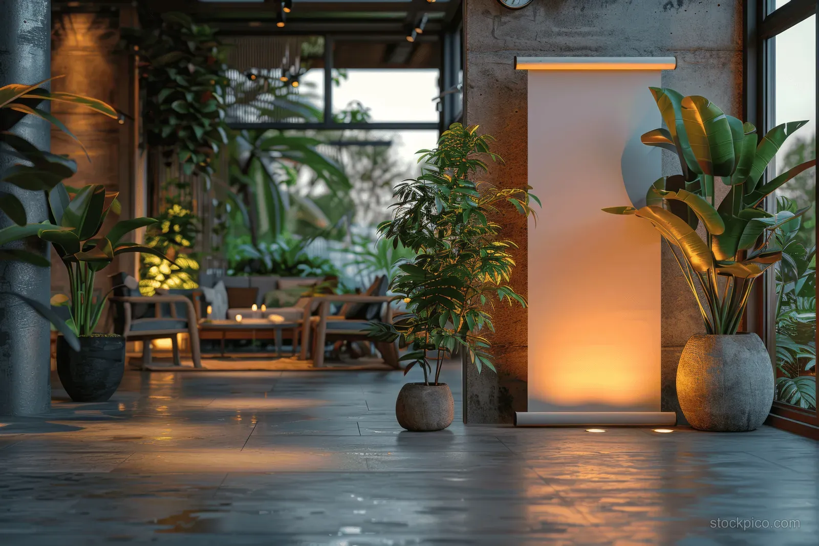 Two blank roll-up banner stands stand in a modern cafe office lobby with potted plants and warm light.