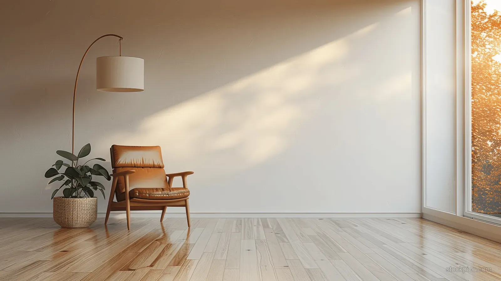 Minimal Scandinavian living room corner with a leather chair, floor lamp, potted plant, and bright sunlight by a window.