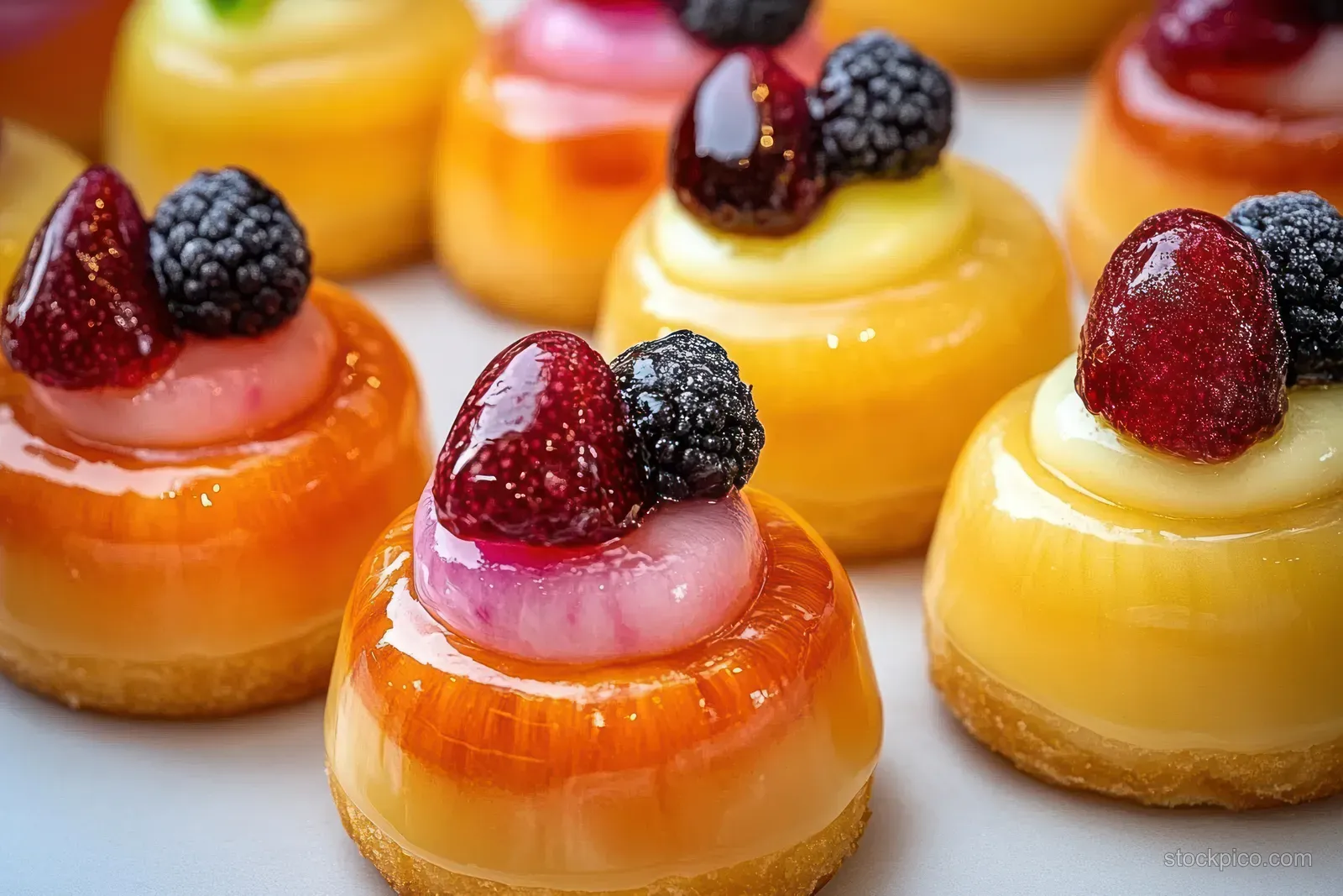 Assorted fruit-topped cream puffs with custard filling and berries on a bakery display.