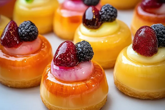 Assorted fruit-topped cream puffs with custard filling and berries on a bakery display.