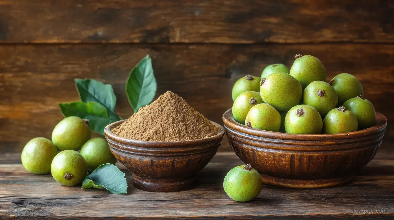 Amla powder sits in a wooden bowl beside fresh green gooseberries and leaves on a rustic table.