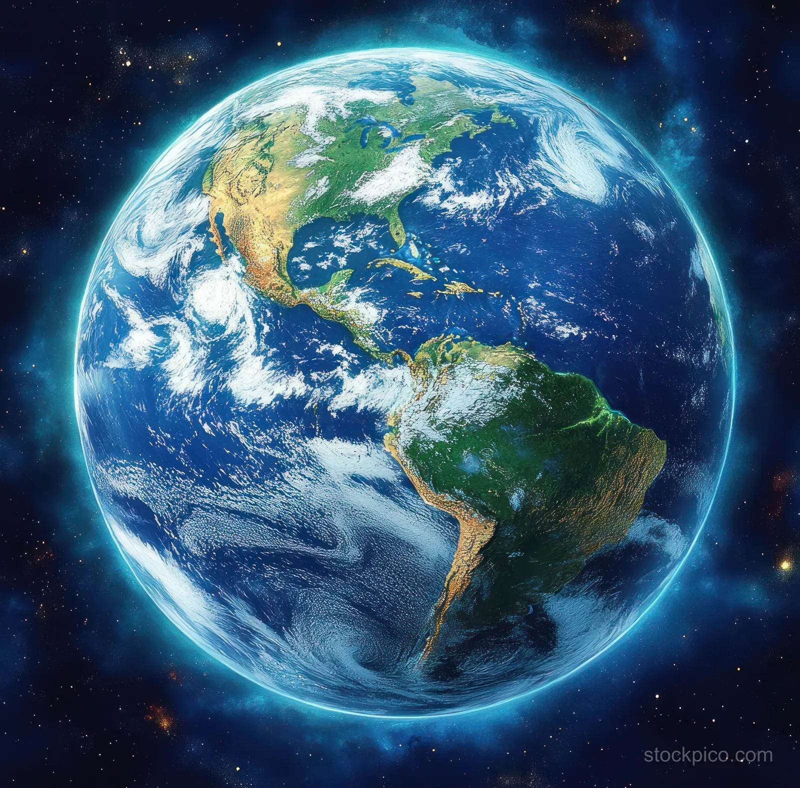 Earth in space with South America visible, surrounded by blue oceans and swirling clouds.