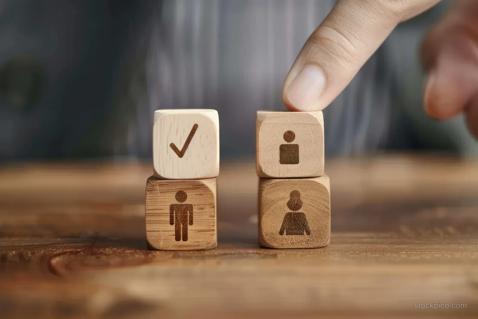 Fingers stack wooden cubes bearing male and female icons and a checkmark on a tabletop.