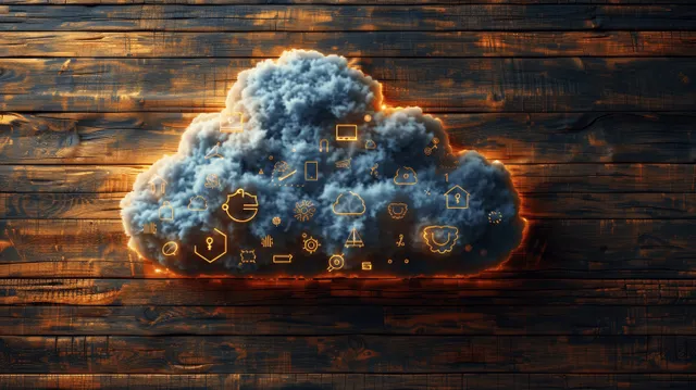 Glowing cloud of technology icons floats over a wooden wall, indicating connected data storage and secure exchange.