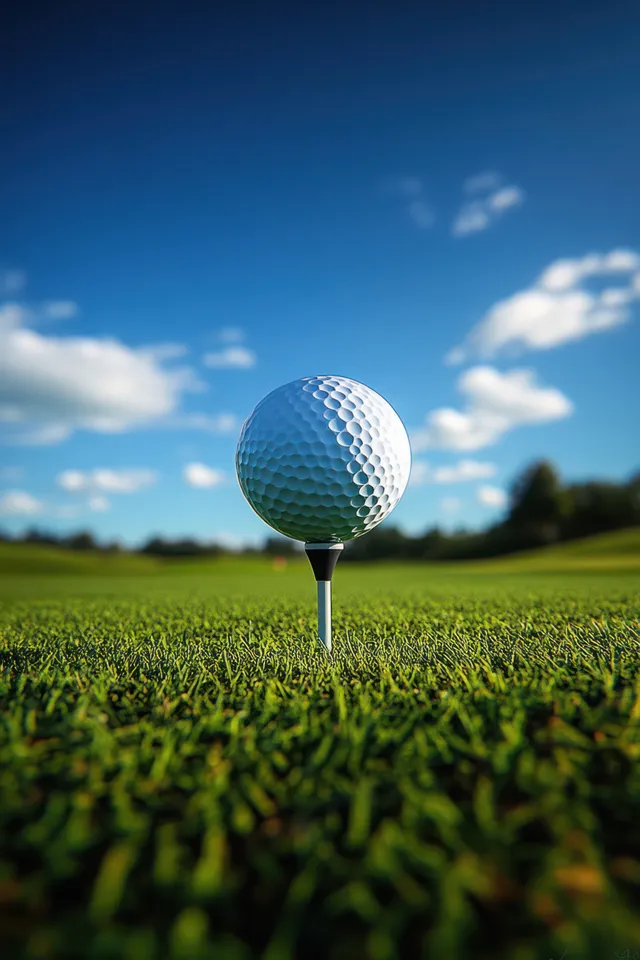 A golf ball sits on a tee in green grass with a blue sky and scattered clouds behind it.