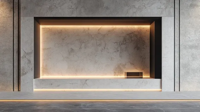 Empty concrete wall niche with a warm LED strip border casting soft linear light and shadows.