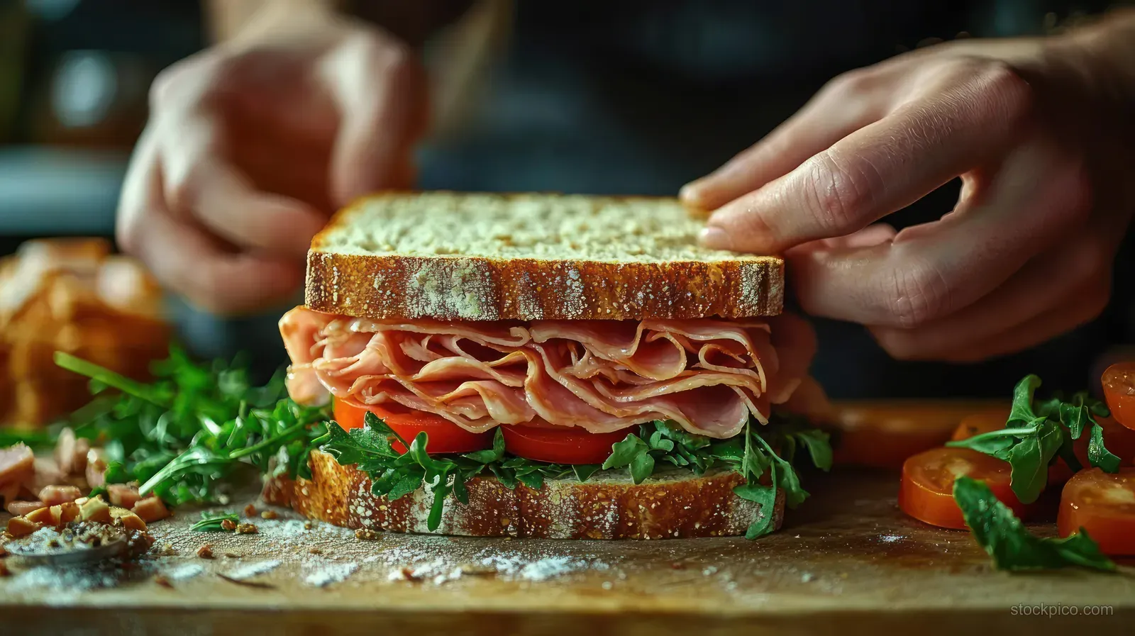 Hands press a ham and vegetable sandwich together with fresh greens on a wooden board.