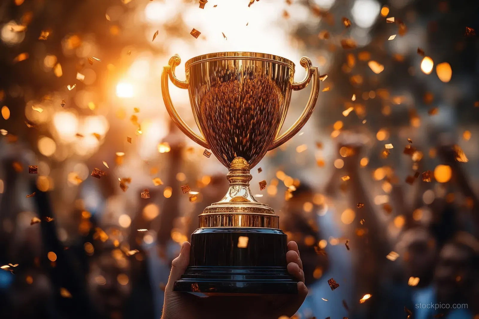 Hands lift a shiny golden trophy with confetti falling against a blurred celebration crowd.