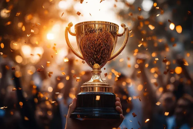 Hands lift a shiny golden trophy with confetti falling against a blurred celebration crowd.