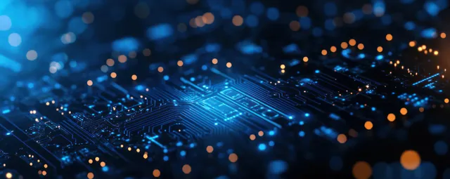 Glowing blue digital circuit board with data connections, abstract tech network lines
