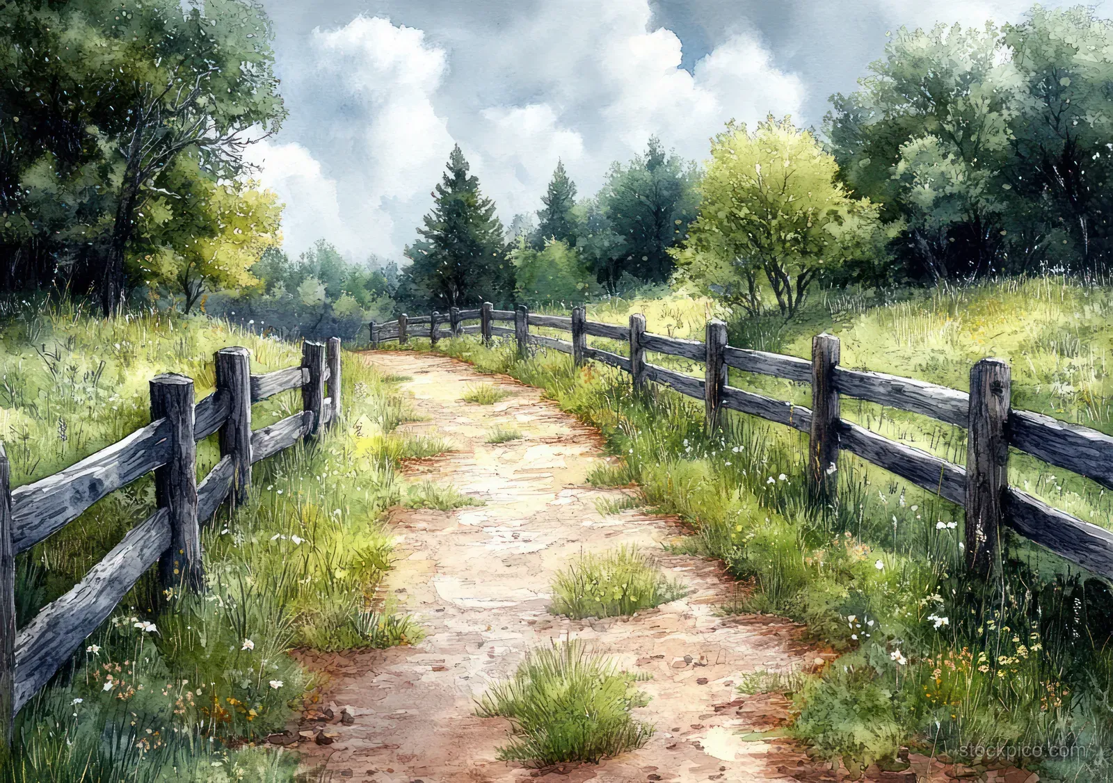 A dirt path lined with wooden fences curves through a grassy meadow with green trees.