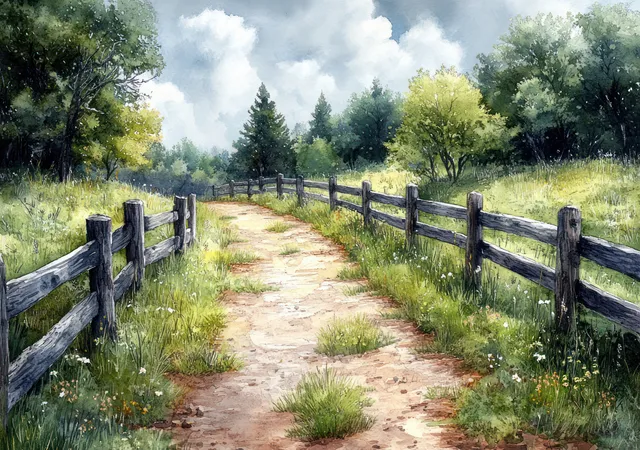 Wooden Fence Pathway Through Green Trees in a Sunny Meadow