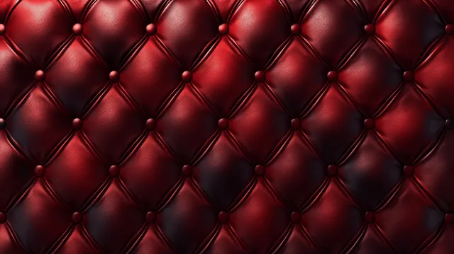 Red tufted leather upholstery close-up with diamond stitching and button tufts across the padded surface.