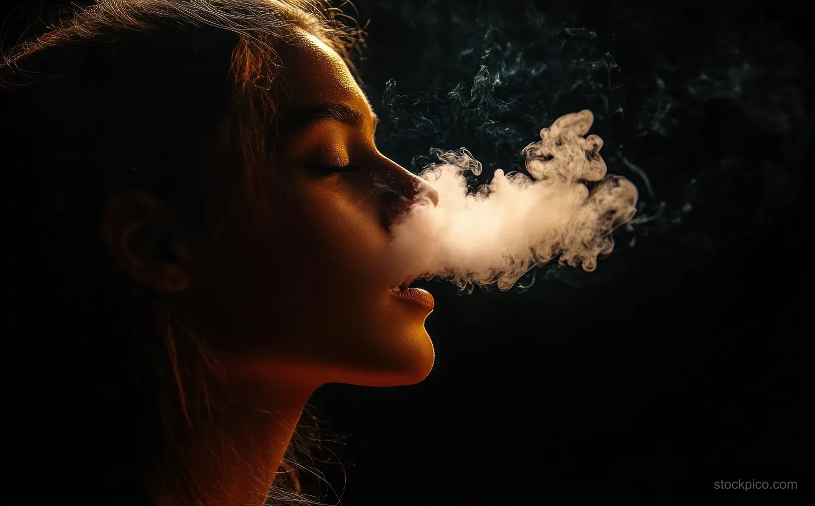 Side profile of a woman with closed eyes exhaling a dense smoke cloud against a dark background.